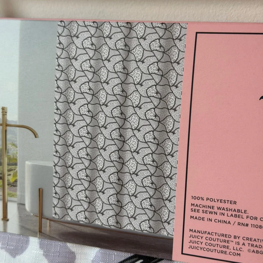 New Juicy Couture 70x72 Fabric Shower Curtain Hooks Set Purple Leopard Black